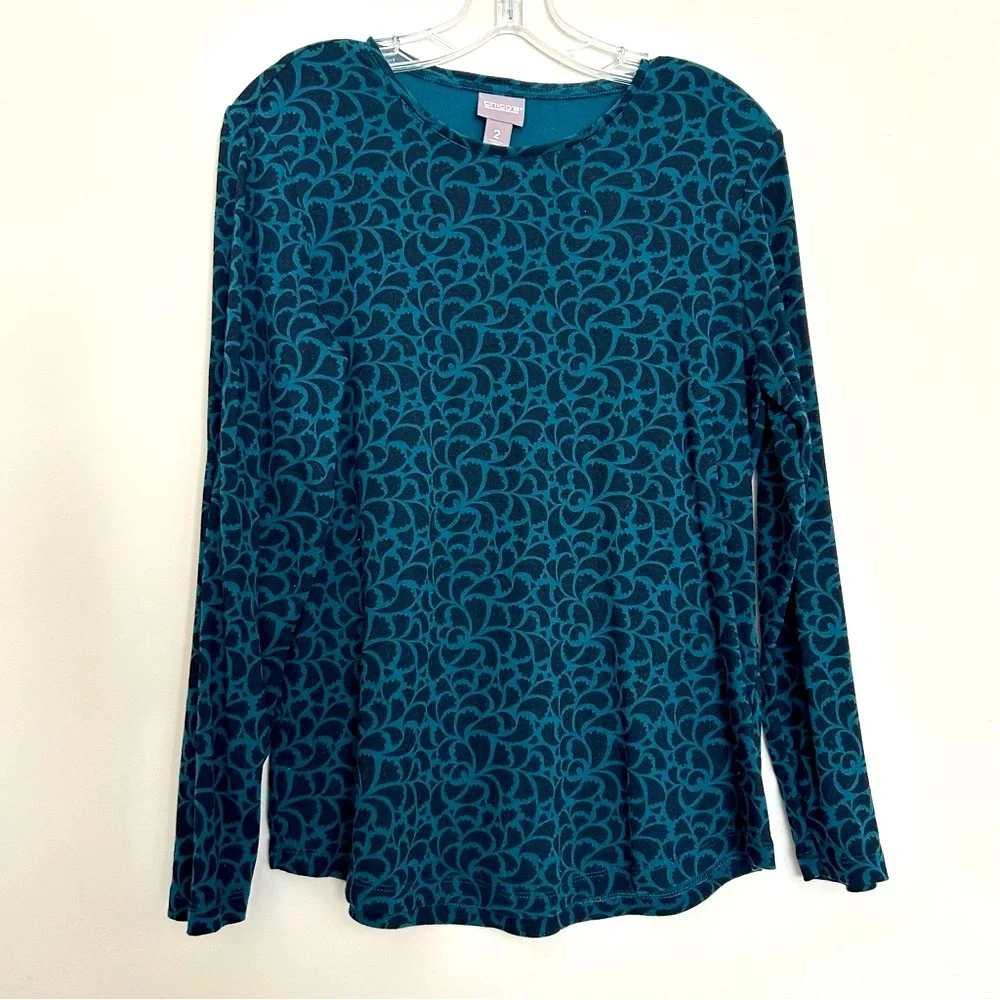 Chico's Women’s Black and Teal Floral Long Sleeve Blouse